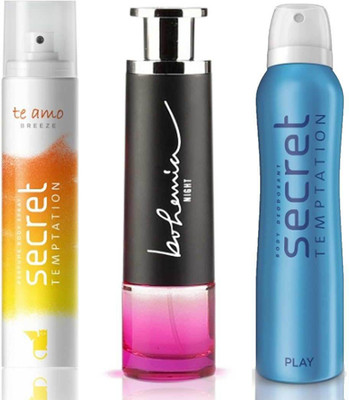 

Secret Temptation Bohemia Night Edp (100 ml), Te Amo Breeze Perfume Body Spray For Women (120 ml) and Play Deodorant For Women (150 ml) Perfume - 370 ml(For Men & Women)