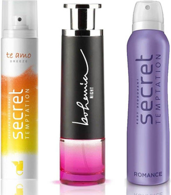 

Secret Temptation Bohemia Night Edp (100 ml), Te Amo Breeze Perfume Body Spray For Women (120 ml) and Romance Deodorant For Women (150 ml) Perfume - 370 ml(For Men & Women)