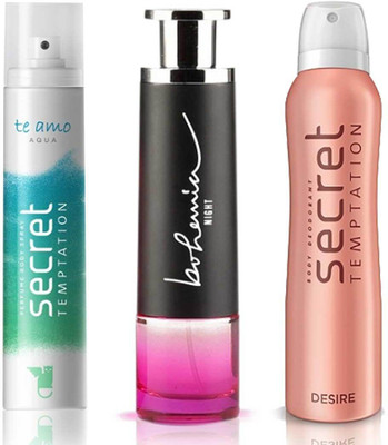 

Secret Temptation Bohemia Night Edp (100 ml), Te Amo Aqua Perfume Body Spray For Women (120 ml) and Desire Deodorant For Women (150 ml) Perfume - 370 ml(For Men & Women)