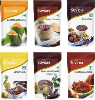 

Suvidhi Sweet Mango Murabba, Kavat Chutney, Dates Pickle, Lemon Crush, Khatti Meethi Tikhi Chutney & Sweet Mango Pickle Mixed Pickle(100 g, Pack of6)