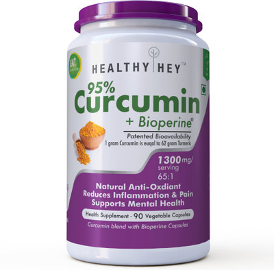 

HealthyHey Nutrition Curcumin with Bioperine 1300mg (Ultra Pure) | Organic Turmeric, 90 Vegetable Capsules with Piperine(1300 mg)