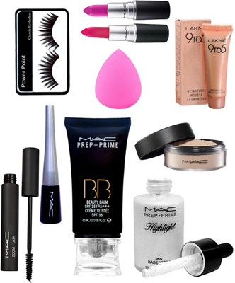 

FANCIFY COMBO Eyelashes & Zoom Lash Mascara & Eyeliner & Lipstick pack of 2 & Loose Powder Compact & Highlight & BB Beauty Balm Cream & Mousse Foundation & Sponge Puff(Set of 10)