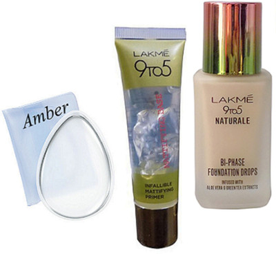 

Amber Silicone Puff, Lakme 9to5 Naturale BI-PHASE Foundation, Infallible Mattifying Base Primer(Set of 3)