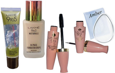 

Amber Silicone Puff, Lakme 9to5 Naturale BI-PHASE Foundation Drops, Infallible Mattifying Base Primer, Eyeliner & Mascara(Set of 5)