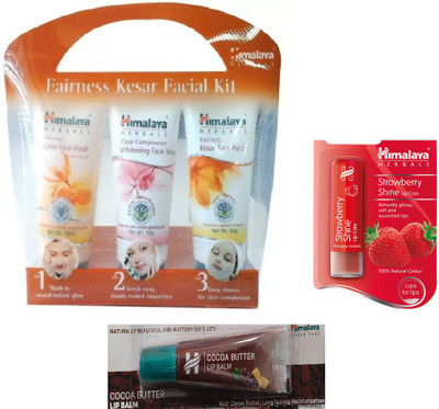 

Himalaya Fairness Kesar Facial Kit, Strawberry Shine Lip Care, Cocoa Butter Lip Balm(Set of 3)