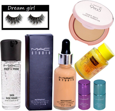 

Dream Girl Eyelashes, nail paint remover, studio waterweight foundation, prep+prime skin base visage primer, primer matte compact, mirror nail paint 2(Set of 7)