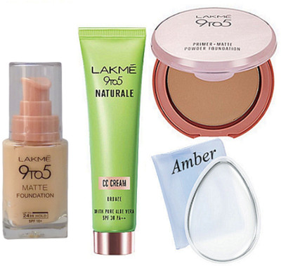 

Amber Silicone Puff, Lakme 9to5 Matte Foundation, Lakme 9to5 Primer Matte Powder Foundation, Naturale Cc Cream(Set of 4)