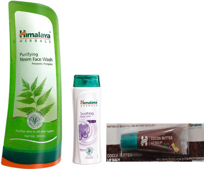 

Himalaya Purifying Neem Face Wash, Soothing Body Lotion, Cocoa Butter Lip Balm(Set of 3)