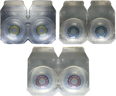 

CRYSTAL EYE Green Blue Purple(violet) 3 pair with case and solution Monthly Contact Lens(0.0, green, blue, purple, Pack of 3)