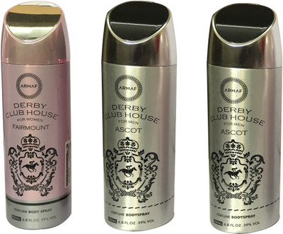 

Armaf DERBY CLUB HOUSE 1 FAIRMOUNT AND 2 ASCOT (PACK OF 3) Body Spray - For Men & Women(200 ml, Pack of 3)