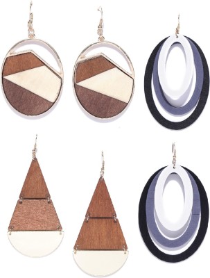 PRITA Prita Classic Wooden Geometric Shape Multicolour Drop Earrings For Women And Girls, Pair of 3 Wood Drops & Danglers