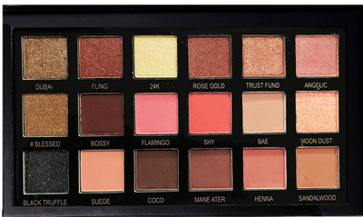 

volo Perfect 18 in 1 Eye shadow(10 Matte, 8 Shimmer) 25 g(Golden, Nude, Moon Dust, Dubai, Fling, Rose Gold, Trust Fund, Angelic, Blessed, Bossy, Flamingo, Shy, Bae, Black Truffle, Coco, Mane Ater, Henna, shimmer gold)