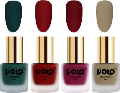 

Volo Velvet Dull Matte Posh Shades Party Girl Range Nail Polish Sets Dark Green, Tomato Red, Carrot Red, Sand Nude(Pack of 4)
