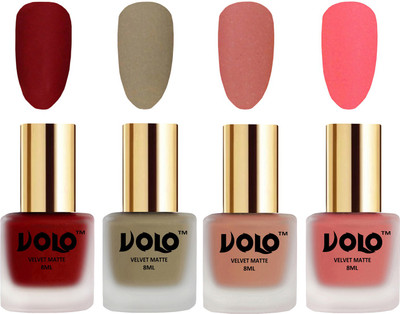 

Volo Velvet Dull Matte Posh Shades Party Girl Range Nail Polish Sets Tomato Red, Sand Nude, Light Peach, Dark Peach(Pack of 4)