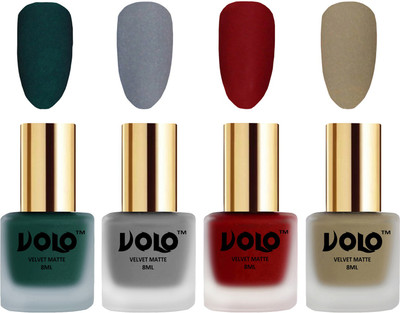 

Volo Velvet Dull Matte Posh Shades Party Girl Range Nail Polish Sets Dark Green, Grey, Tomato Red, Sand Nude(Pack of 4)