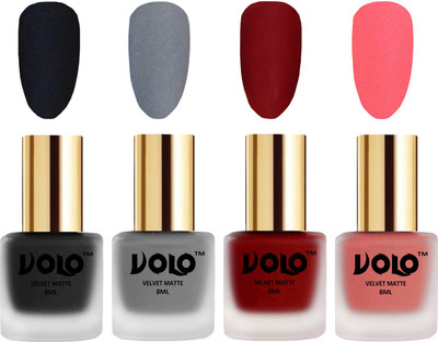 

Volo Velvet Dull Matte Posh Shades Party Girl Range Nail Polish Sets Black, Grey, Tomato Red, Dark Peach(Pack of 4)