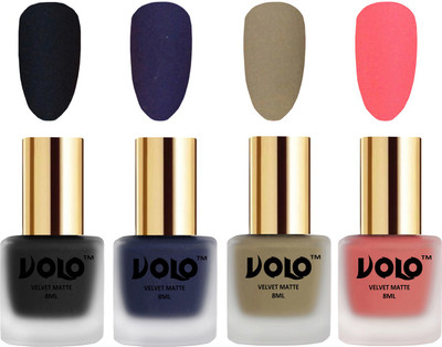 

Volo Velvet Dull Matte Posh Shades Party Girl Range Nail Polish Sets Black, Russian Navy Blue, Sand Nude, Dark Peach(Pack of 4)