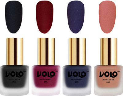 

Volo Velvet Dull Matte Posh Shades Party Girl Range Nail Polish Sets Black, Carrot Red, Russian Navy Blue, Light Peach(Pack of 4)