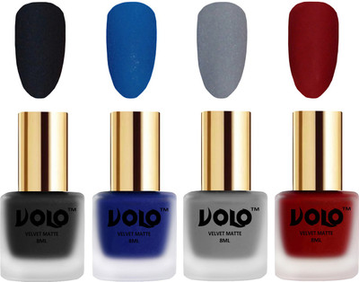 

Volo Velvet Dull Matte Posh Shades Party Girl Range Nail Polish Sets Black, Blue, Grey, Tomato Red(Pack of 4)