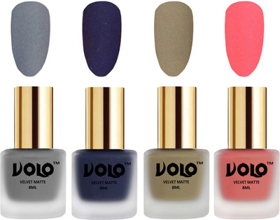 

Volo Velvet Dull Matte Posh Shades Party Girl Range Nail Polish Sets Grey, Russian Navy Blue, Sand Nude, Dark Peach(Pack of 4)