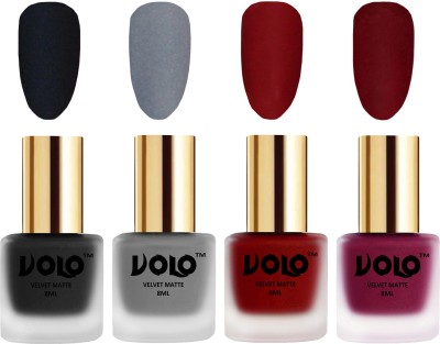 Volo Velvet Dull Matte Posh Shades Party Girl Range Nail Polish Sets Combo-No-241 Tomato Red, Black, Grey, Carrot Red(Pack of 4)