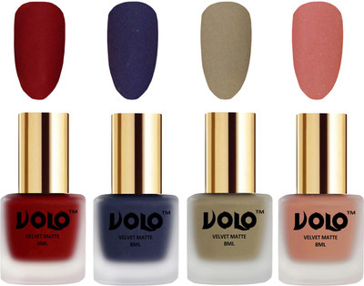 

Volo Velvet Dull Matte Posh Shades Party Girl Range Nail Polish Sets Tomato Red, Russian Navy Blue, Sand Nude, Light Peach(Pack of 4)