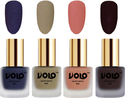 

Volo Velvet Dull Matte Posh Shades Party Girl Range Nail Polish Sets Russian Navy Blue, Sand Nude, Light Peach, Dark Wine(Pack of 4)