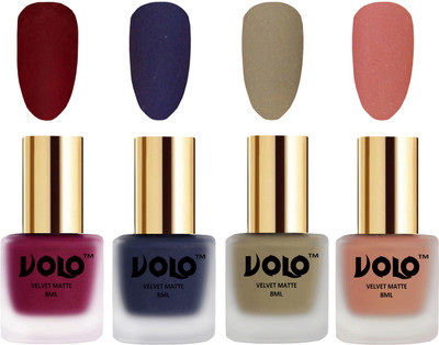 

Volo Velvet Dull Matte Posh Shades Party Girl Range Nail Polish Sets Carrot Red, Russian Navy Blue, Sand Nude, Light Peach(Pack of 4)
