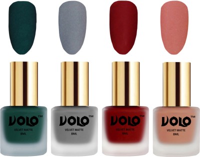 

Volo Velvet Dull Matte Posh Shades Party Girl Range Nail Polish Sets Dark Green, Grey, Tomato Red, Light Peach(Pack of 4)