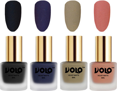 

Volo Velvet Dull Matte Posh Shades Party Girl Range Nail Polish Sets Black, Russian Navy Blue, Sand Nude, Light Peach(Pack of 4)