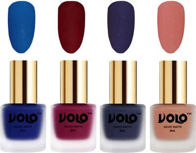 

Volo Velvet Dull Matte Posh Shades Party Girl Range Nail Polish Sets Blue, Carrot Red, Russian Navy Blue, Light Peach(Pack of 4)
