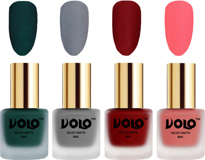 

Volo Velvet Dull Matte Posh Shades Party Girl Range Nail Polish Sets Dark Green, Grey, Tomato Red, Dark Peach(Pack of 4)
