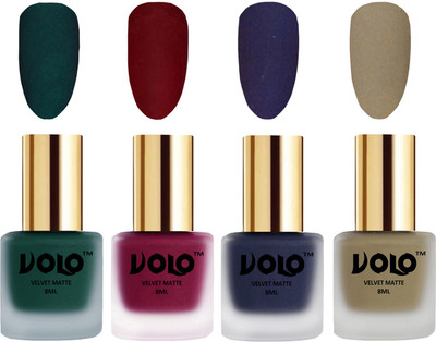 

Volo Velvet Dull Matte Posh Shades Party Girl Range Nail Polish Sets Dark Green, Carrot Red, Russian Navy Blue, Sand Nude(Pack of 4)