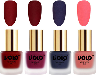 

Volo Velvet Dull Matte Posh Shades Party Girl Range Nail Polish Sets Tomato Red, Carrot Red, Russian Navy Blue, Dark Peach(Pack of 4)