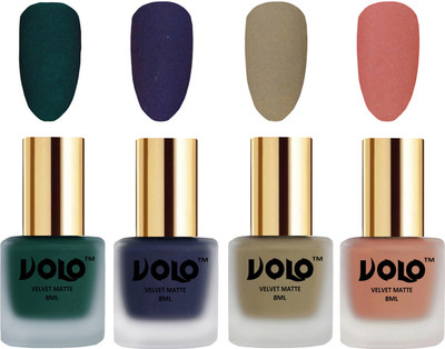 

Volo Velvet Dull Matte Posh Shades Party Girl Range Nail Polish Sets Dark Green, Russian Navy Blue, Sand Nude, Light Peach(Pack of 4)