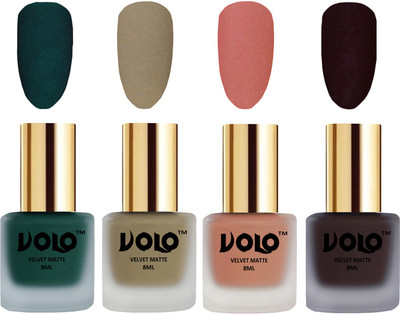 

Volo Velvet Dull Matte Posh Shades Party Girl Range Nail Polish Sets Dark Green, Sand Nude, Light Peach, Dark Wine(Pack of 4)