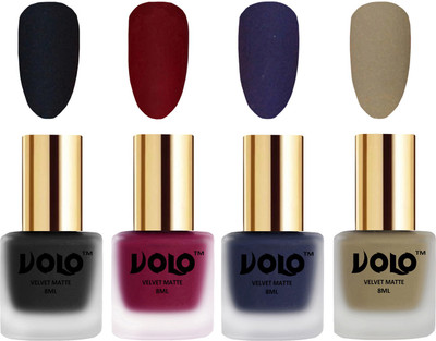 

Volo Velvet Dull Matte Posh Shades Party Girl Range Nail Polish Sets Black, Carrot Red, Russian Navy Blue, Sand Nude(Pack of 4)