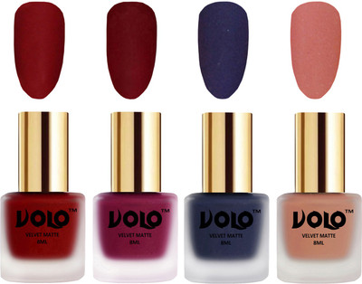 

Volo Velvet Dull Matte Posh Shades Party Girl Range Nail Polish Sets Tomato Red, Carrot Red, Russian Navy Blue, Light Peach(Pack of 4)