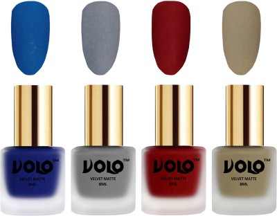 

Volo Velvet Dull Matte Posh Shades Party Girl Range Nail Polish Sets Blue, Grey, Tomato Red, Sand Nude(Pack of 4)