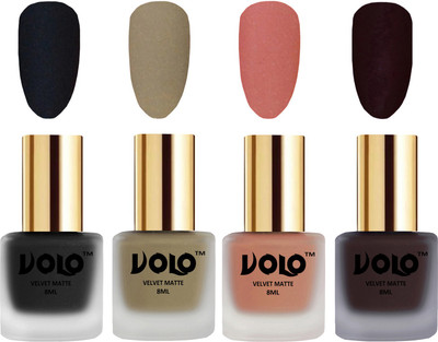 

Volo Velvet Dull Matte Posh Shades Party Girl Range Nail Polish Sets Black, Sand Nude, Light Peach, Dark Wine(Pack of 4)
