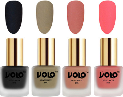 

Volo Velvet Dull Matte Posh Shades Party Girl Range Nail Polish Sets Black, Sand Nude, Light Peach, Dark Peach(Pack of 4)