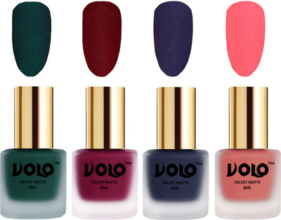 

Volo Velvet Dull Matte Posh Shades Party Girl Range Nail Polish Sets Dark Green, Carrot Red, Russian Navy Blue, Dark Peach(Pack of 4)