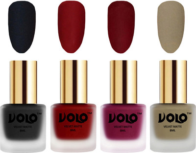 

Volo Velvet Dull Matte Posh Shades Party Girl Range Nail Polish Sets Black, Tomato Red, Carrot Red, Sand Nude(Pack of 4)