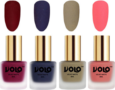 

Volo Velvet Dull Matte Posh Shades Party Girl Range Nail Polish Sets Carrot Red, Russian Navy Blue, Sand Nude, Dark Peach(Pack of 4)