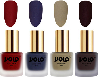 

Volo Velvet Dull Matte Posh Shades Party Girl Range Nail Polish Sets Tomato Red, Russian Navy Blue, Sand Nude, Dark Wine(Pack of 4)