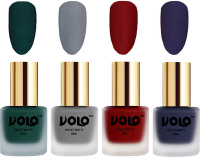 

Volo Velvet Dull Matte Posh Shades Party Girl Range Nail Polish Sets Dark Green, Grey, Tomato Red, Russian Navy Blue(Pack of 4)