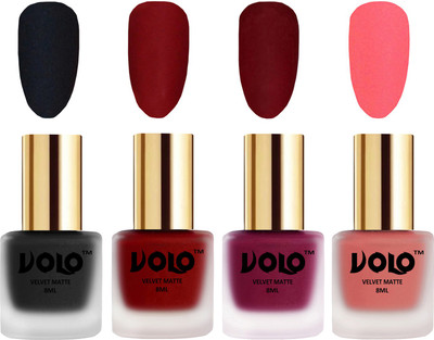 

Volo Velvet Dull Matte Posh Shades Party Girl Range Nail Polish Sets Black, Tomato Red, Carrot Red, Dark Peach(Pack of 4)