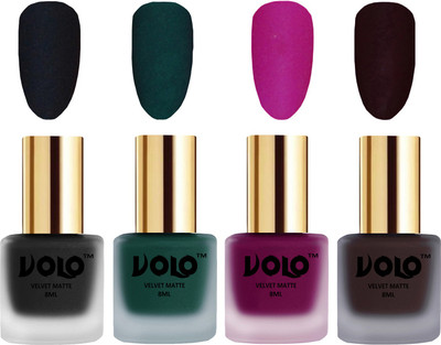 

Volo Velvet Dull Matte Posh Shades Party Girl Range Nail Polish Sets Black, Dark Green, Magenta, Dark Wine(Pack of 4)