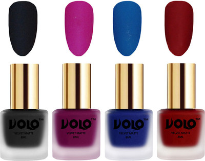 

Volo Velvet Dull Matte Posh Shades Party Girl Range Nail Polish Sets Black, Magenta, Blue, Tomato Red(Pack of 4)