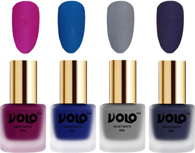 Volo Velvet Dull Matte Posh Shades Party Girl Range Nail Polish Sets Magenta, Blue, Grey, Russian Navy Blue(Pack of 4)